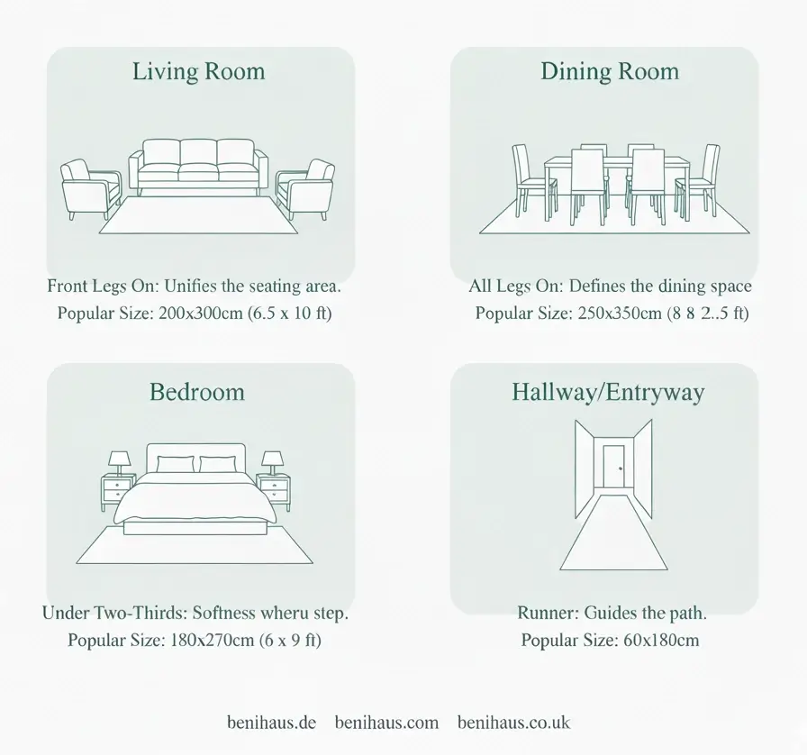 Visueller Leitfaden zur Teppichgröße und Platzierung im Wohn- und Schlafzimmer